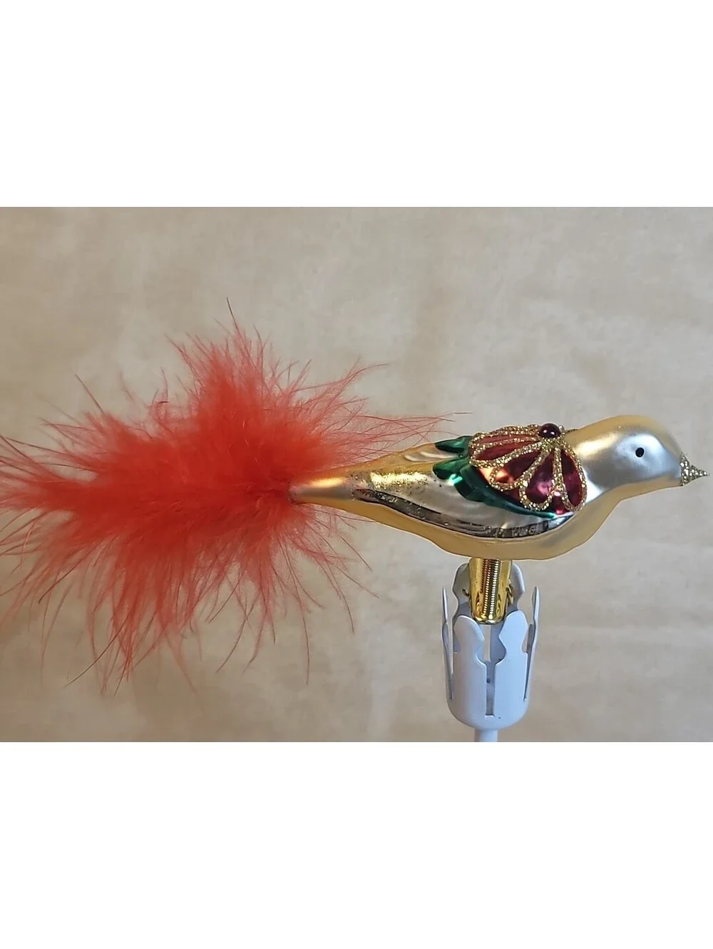Vintage Equsite Polish Hand Blown Mercury Glass Clip On Bird Christmas Ornament